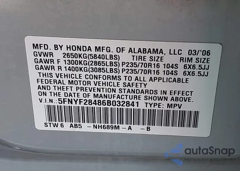 2006 Honda Pilot Ex z USA, uszkodzony, nr VIN 5FNYF28486B032841